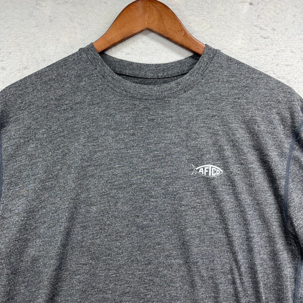 AFTCO Shirt Mens Small Gray Long Sleeve Performance Fishing Tee Graphic Outdoor